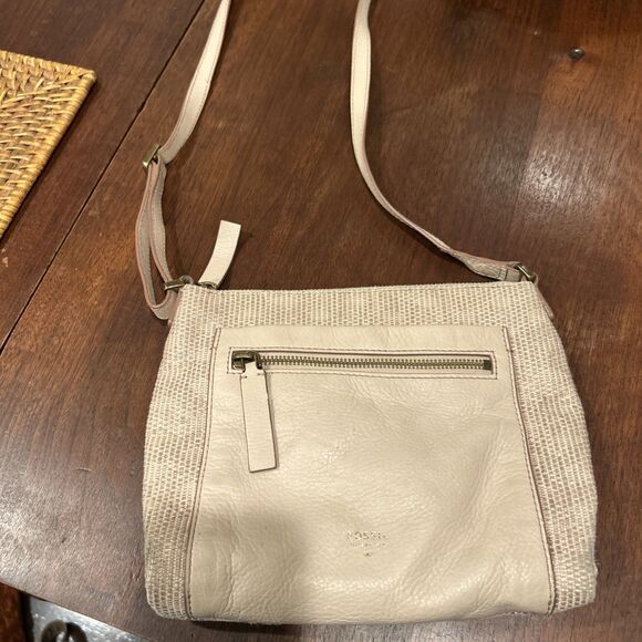 Fossil Leather Fabric Tan and Cream Crossbody Bag Zipped Pockets - Picture 2 of 16